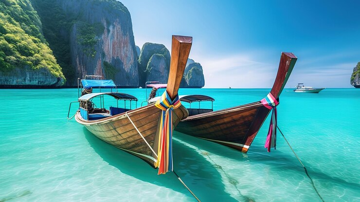 Playa prístina aguas turquesas botes de cola larga Krabi Tailandia viajes Generativo ai