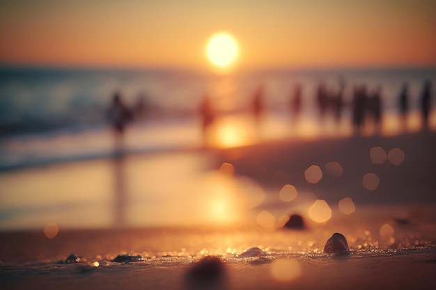 Una playa con una puesta de sol y algunas personas en ella.