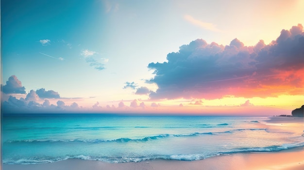 Una playa con puesta de sol y cielo azul.