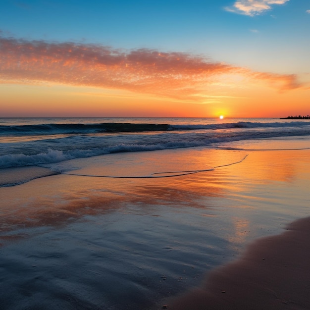 Una playa con puesta de sol y el cielo es azul y naranja.