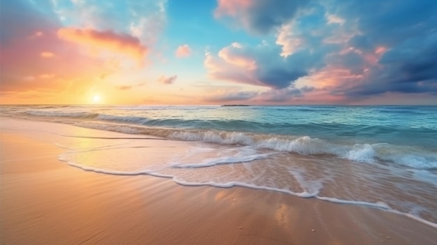 Una playa con puesta de sol y cielo nublado