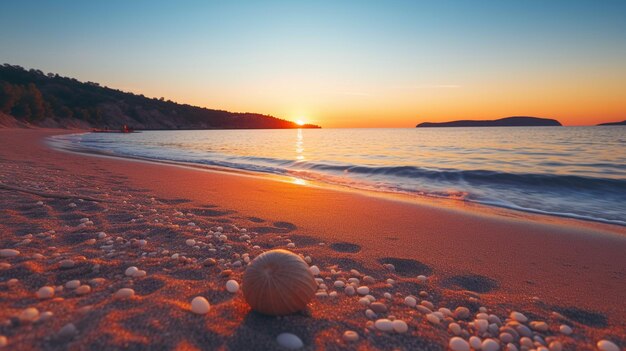 una playa con una puesta de sol en el fondo