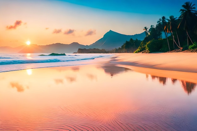 Una playa con una puesta de sol en el fondo