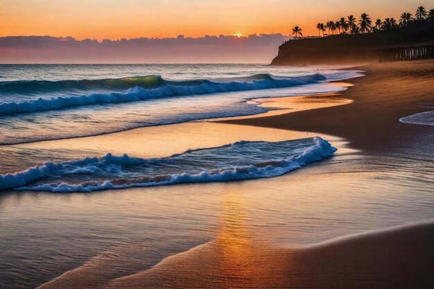 una playa con una puesta de sol y el horizonte