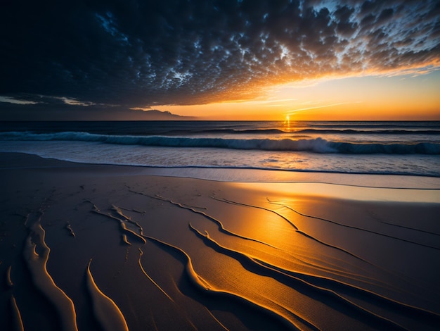 Una playa con una puesta de sol y el mar de fondo