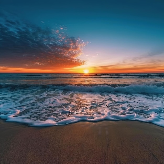 Una playa con una puesta de sol y el mar de fondo