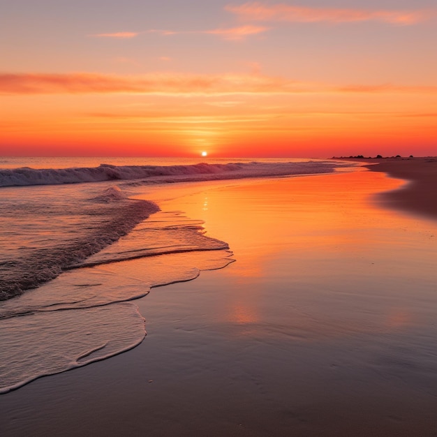 Una playa con una puesta de sol y el mar de fondo