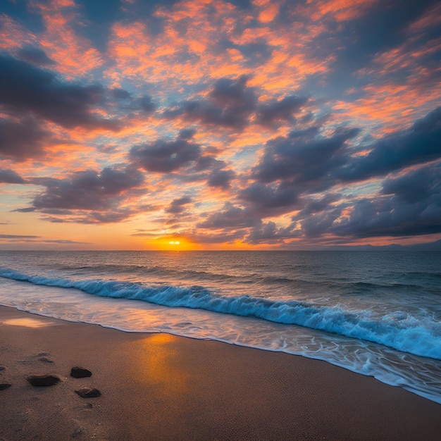 Una playa con una puesta de sol y el mar de fondo