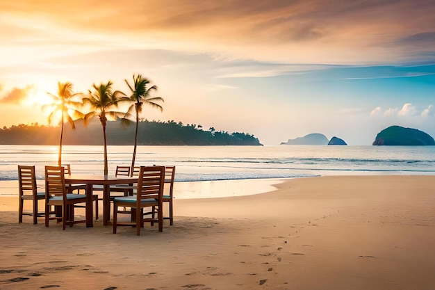 Una playa con una puesta de sol y una mesa con sillas.