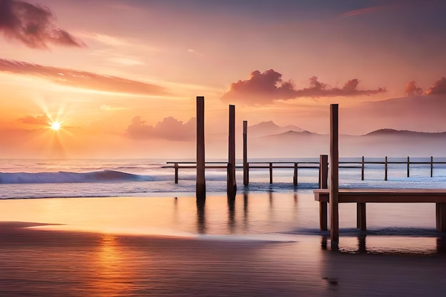 Una playa con una puesta de sol y un muelle en primer plano