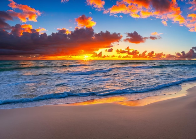 Una playa con puesta de sol y nubes.