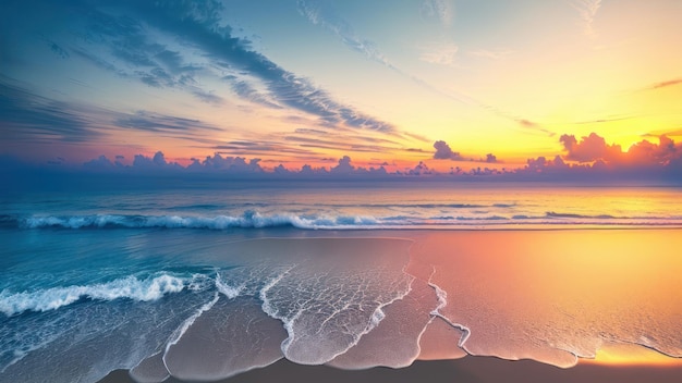 Una playa con una puesta de sol y una ola.