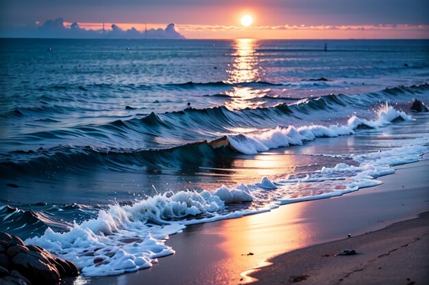 Una playa con puesta de sol y olas