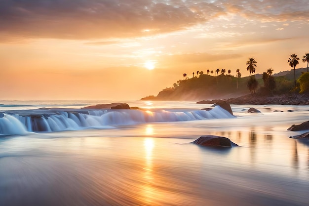 Una playa con puesta de sol y palmeras al fondo