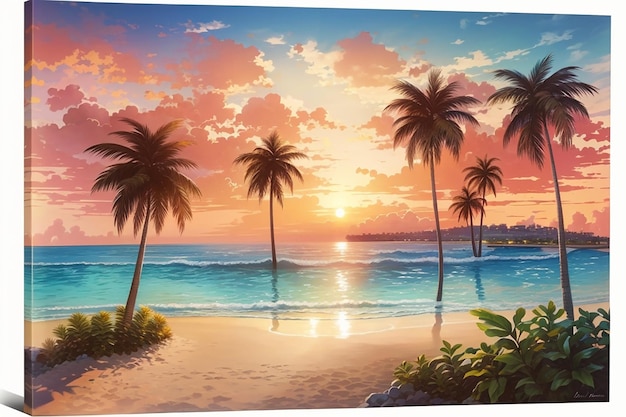 Una playa con puesta de sol y palmeras.