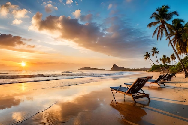 Una playa con puesta de sol y palmeras.