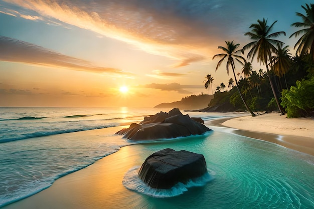 Una playa con puesta de sol y palmeras.