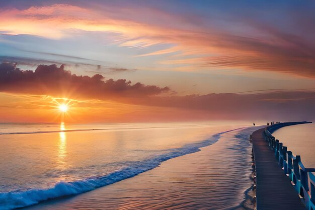 Una playa con una puesta de sol y una persona caminando por la playa.