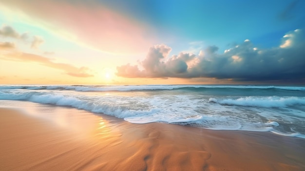 Una playa con una puesta de sol y la puesta de sol sobre el océano.