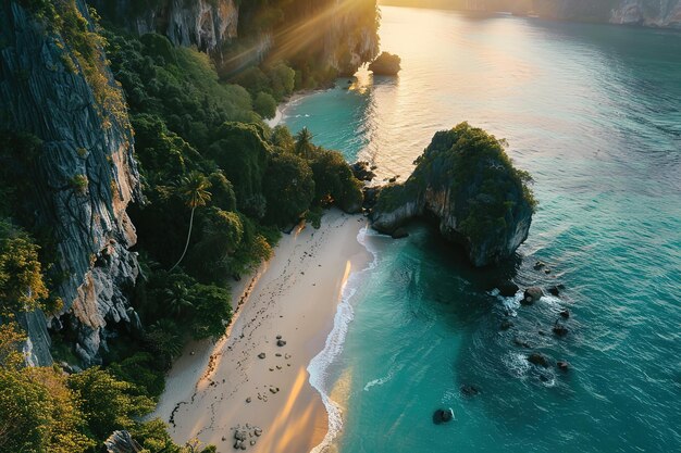 Foto una playa con una puesta de sol en las rocas