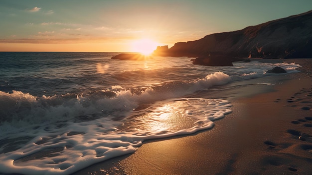 Una playa con la puesta de sol sobre el océano.