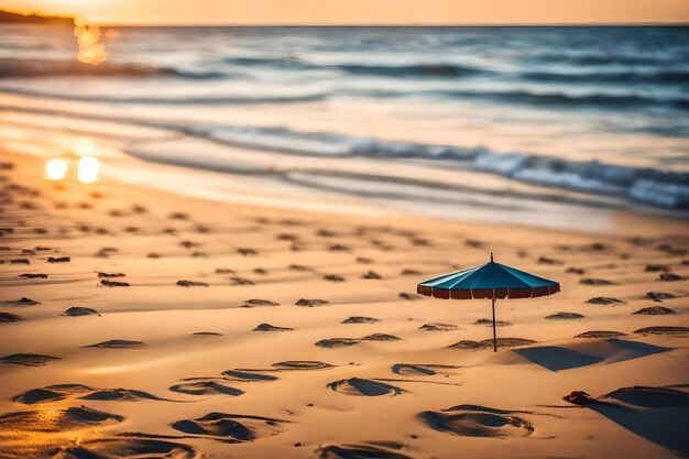 Una playa con una puesta de sol y una sombrilla en ella