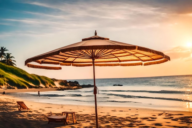 Una playa con una puesta de sol y una sombrilla en ella