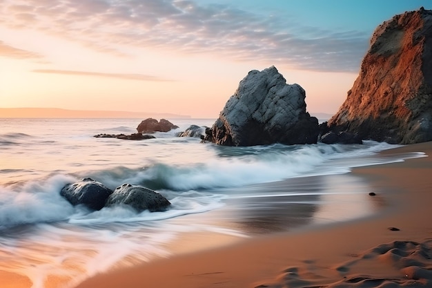 playa con roca por la mañana con paz y calma ola del mar