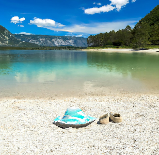 Una playa con una roca y un par de zapatos.