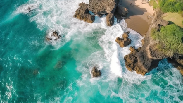 Una playa con rocas y agua en primer plano