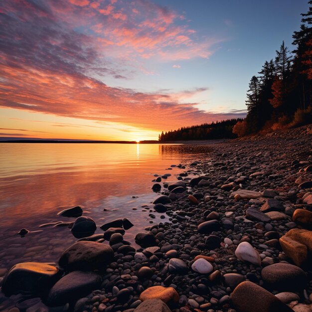 una playa con rocas y árboles al fondo y una puesta de sol al fondo.