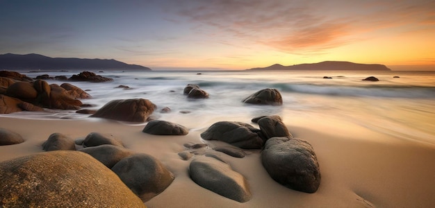 Una playa con rocas y un atardecer de fondo