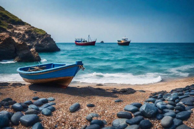 una playa con rocas y barcos en ella y un barco en el agua