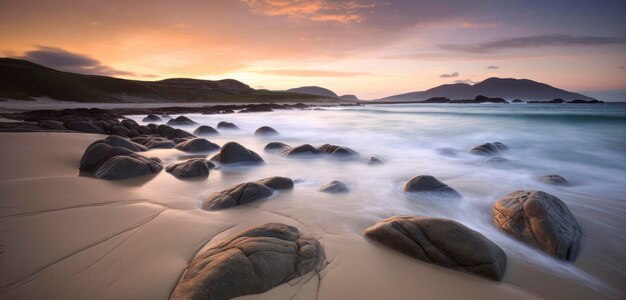 Una playa con rocas y el cielo al atardecer.