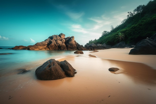 Una playa con rocas y un cielo azul.