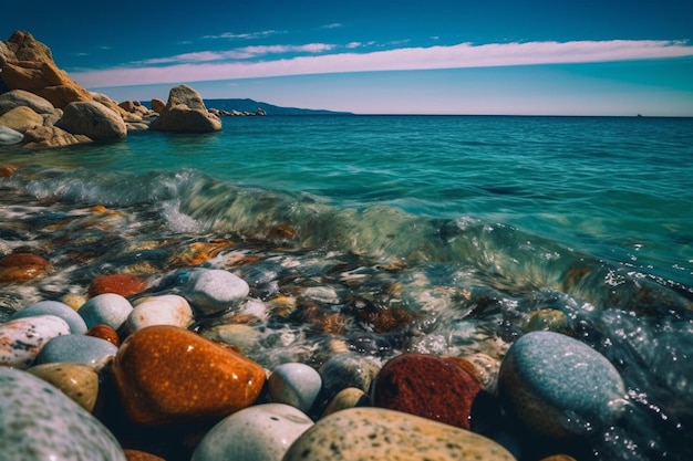 Una playa con rocas y un cielo azul.