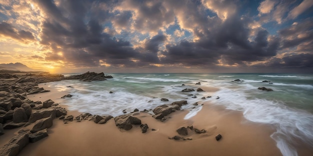 Una playa con rocas y el cielo con nubes.