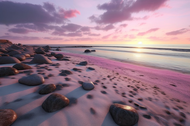 Una playa con rocas y un cielo violeta Generativo Ai