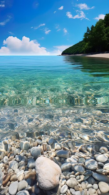 una playa con rocas y conchas marinas en el agua