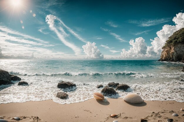 una playa con rocas y conchas en la orilla