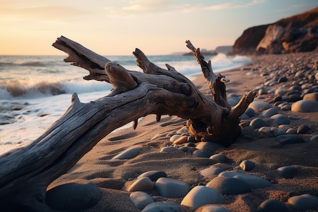 playa con rocas y un Driftwood en el mar