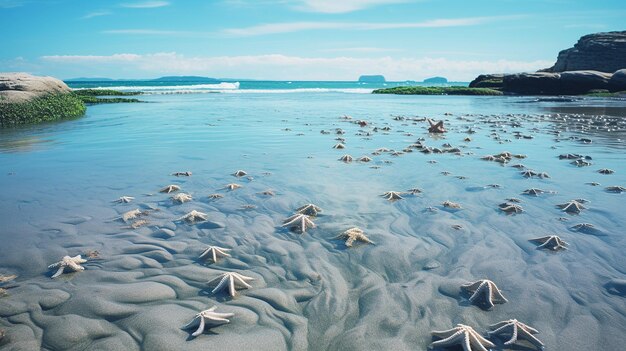 Foto playa con rocas y estrellas de mar