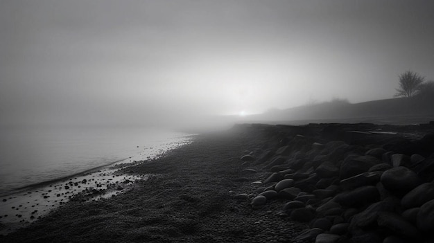 una playa con rocas y una luz