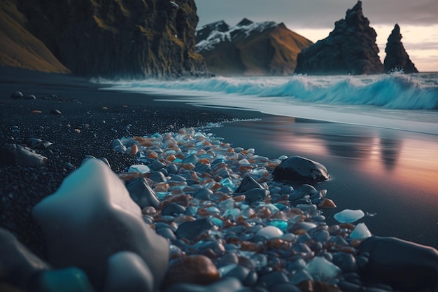 Foto una playa con rocas y una montaña al fondo.