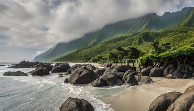 una playa con rocas y una montaña en el fondo