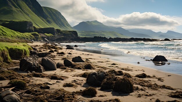 una playa con rocas y montañas en el fondo