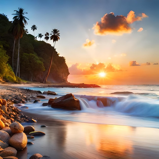 Una playa con rocas y palmeras al atardecer.