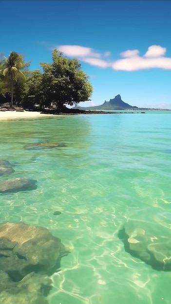 una playa con rocas y un pequeño pez en el agua