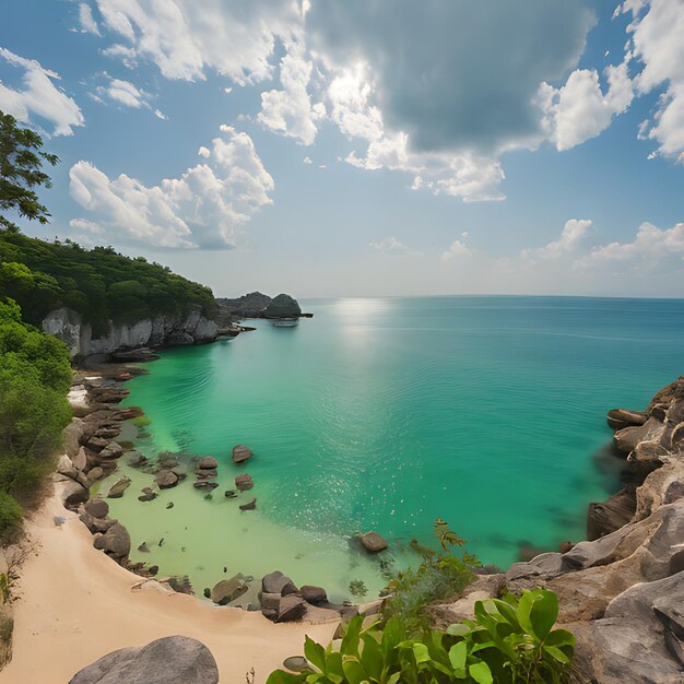 Foto una playa con rocas y una playa con una playa en el fondo