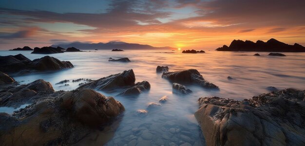 Una playa con rocas y la puesta de sol al fondo.